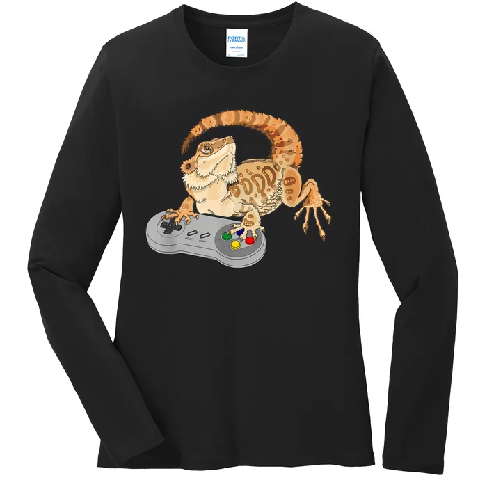 Bearded Dragon Playing Video Game Reptiles Pagona Gamer Ladies Long Sleeve Shirt