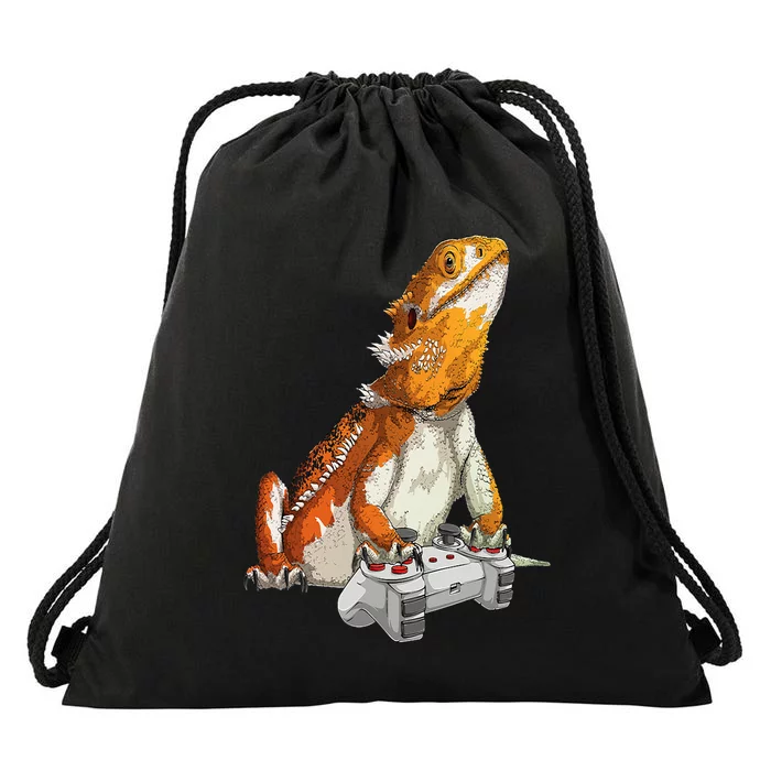 Bearded Dragon Playing Video Games Reptiles lizard Gamers Drawstring Bag