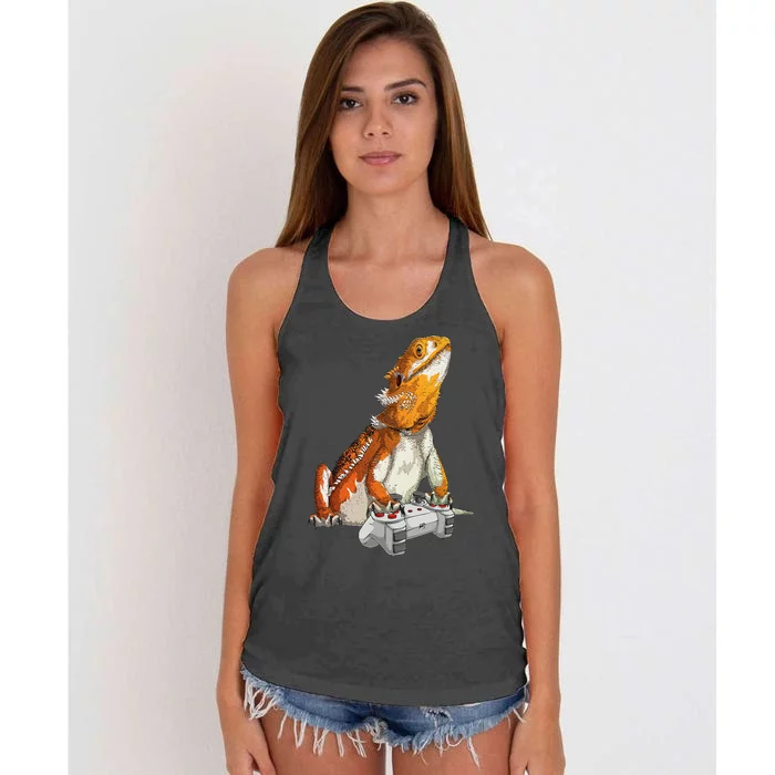 Bearded Dragon Playing Video Games Reptiles lizard Gamers Women's Knotted Racerback Tank