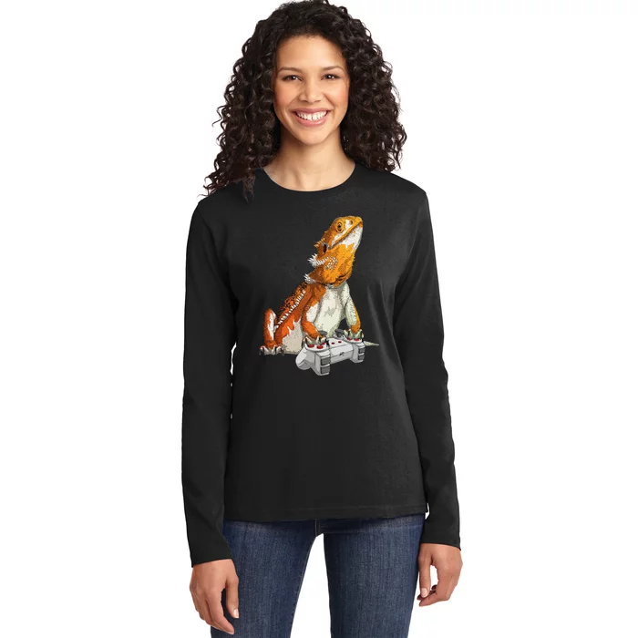 Bearded Dragon Playing Video Games Reptiles lizard Gamers Ladies Long Sleeve Shirt