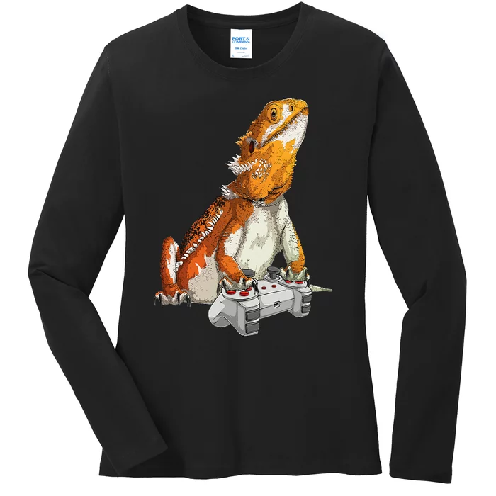 Bearded Dragon Playing Video Games Reptiles lizard Gamers Ladies Long Sleeve Shirt