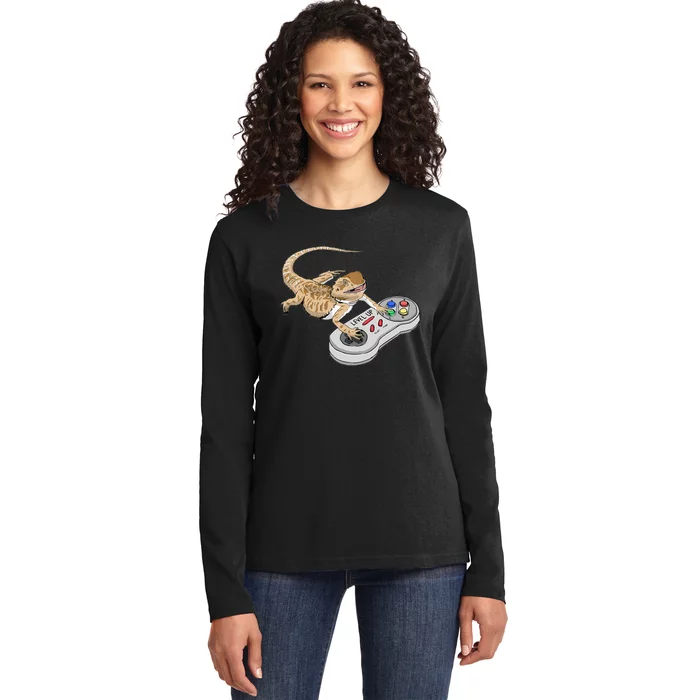 Bearded Dragon Playing Video Game Reptiles Pagona Gamers Ladies Long Sleeve Shirt