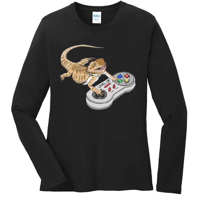 Bearded Dragon Playing Video Game Reptiles Pagona Gamers Ladies Long Sleeve Shirt