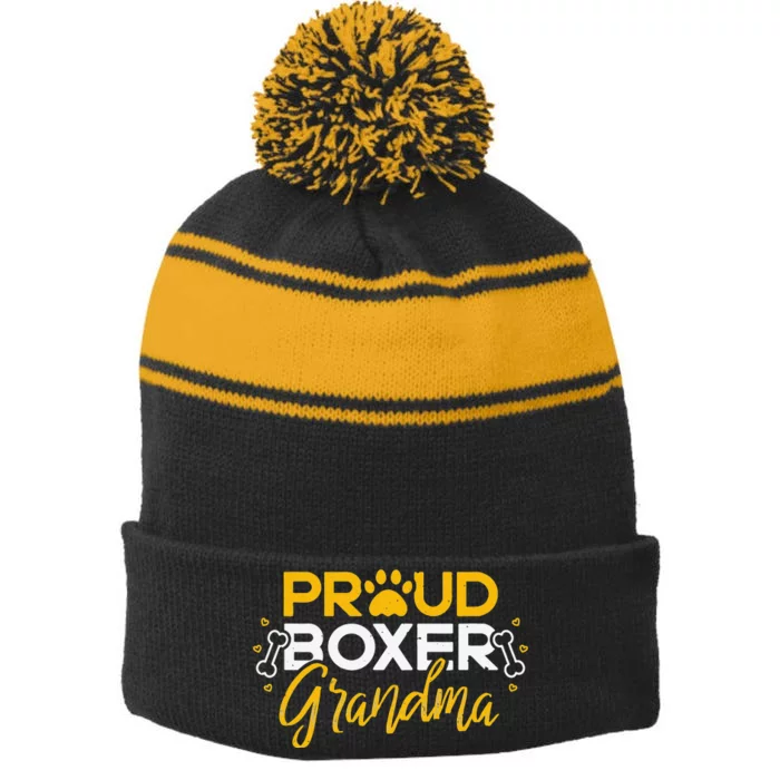 Boxer Dog Proud Grandma Granddog Boxer Breed Lovers Stripe Pom Pom Beanie