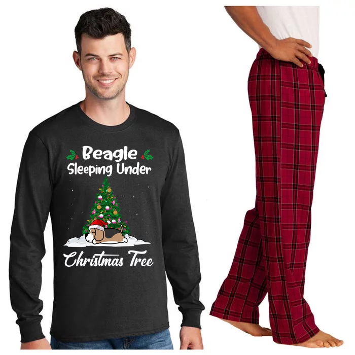 Beagle Dog Sleeping Under Christmas Tree Puppy Funny Xmas Gift Long Sleeve Pajama Set