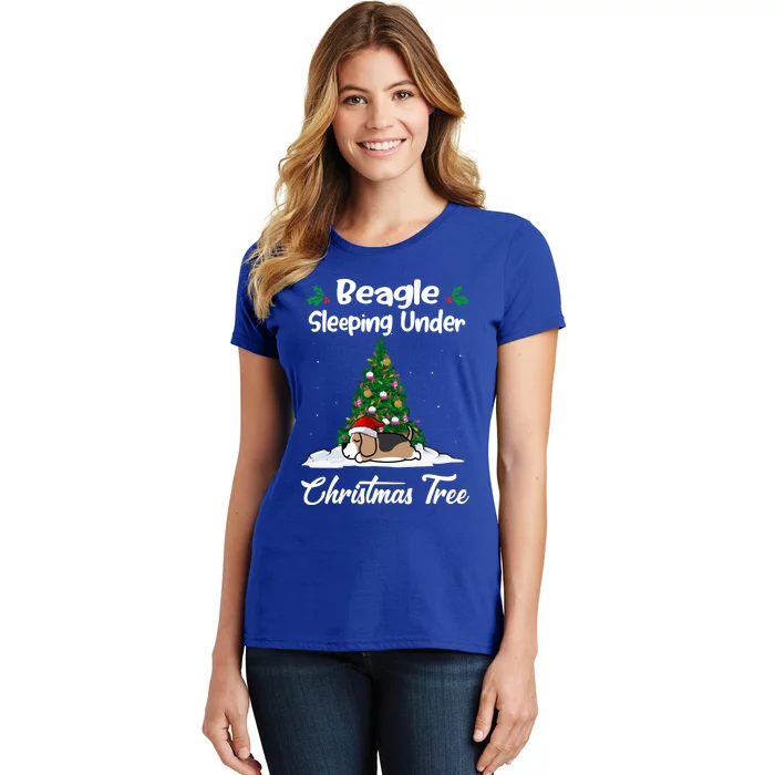 Beagle Dog Sleeping Under Christmas Tree Puppy Funny Xmas Gift Women's T-Shirt