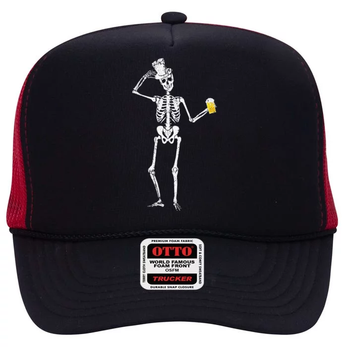 Beer Drunk Skeleton Party Gift Idea Halloween High Crown Mesh Trucker Hat