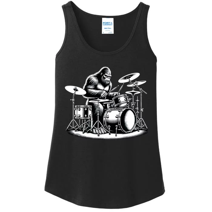 Bigfoot Drummer Sasquatch Playing Drums Musician Band Music Ladies Essential Tank