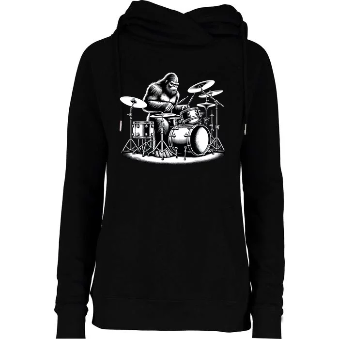 Bigfoot Drummer Sasquatch Playing Drums Musician Band Music Womens Funnel Neck Pullover Hood