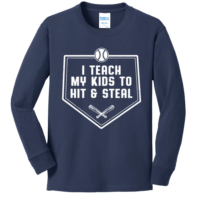 Baseball Dad Shirts I Teach My Kids To Hit Steal Kids Long Sleeve Shirt