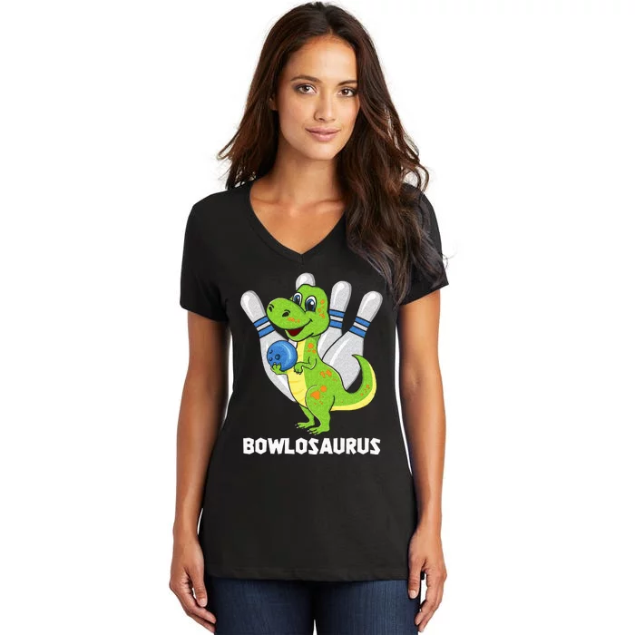 Bowling Dinosaur T Rex Bowlosaurus Player Party Women's V-Neck T-Shirt