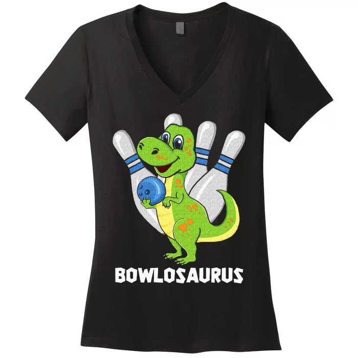 Bowling Dinosaur T Rex Bowlosaurus Player Party Women's V-Neck T-Shirt