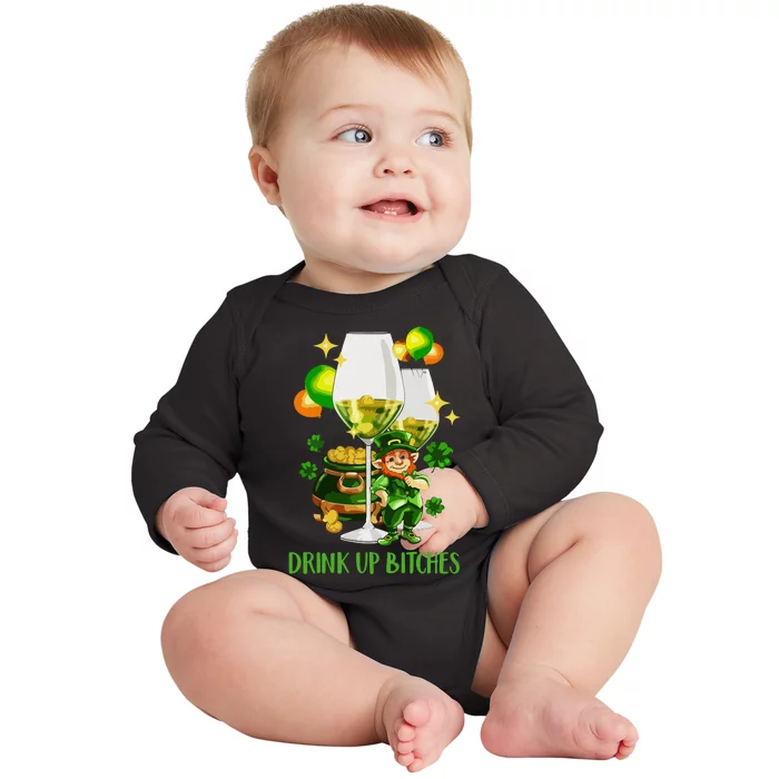 Bitches Drink Up Shirts Women St Patrick Day Wine Party Baby Long Sleeve Bodysuit