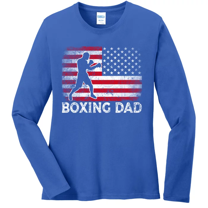 Boxing Dad Vintage American Flag Retro Fathers Day Gift Ladies Long Sleeve Shirt