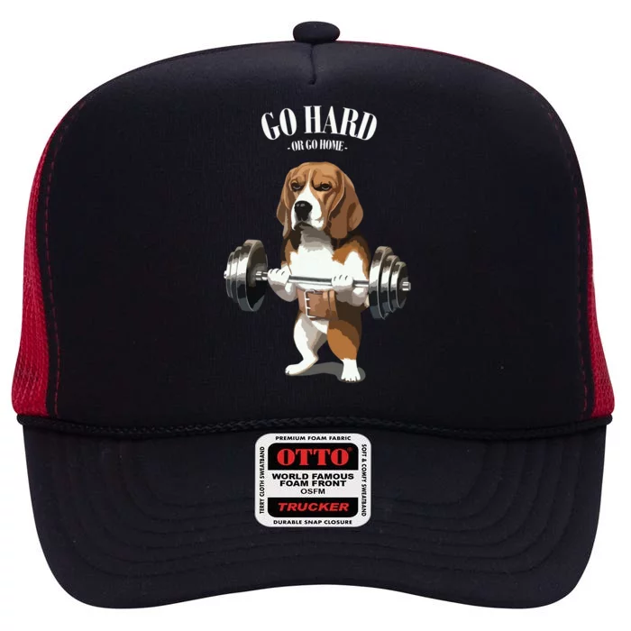 Beagle Dog Weightlifting In Fitness Gym High Crown Mesh Trucker Hat