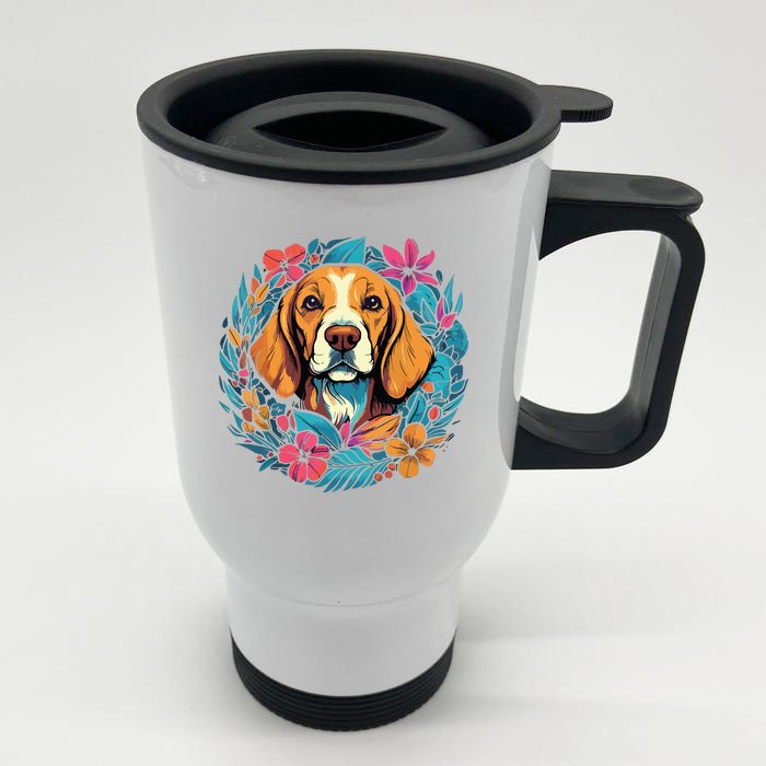 Beagle Dog With Flowers Front & Back Stainless Steel Travel Mug