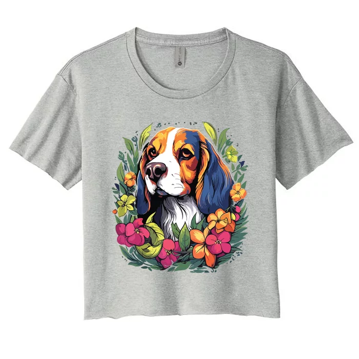 Beagle Dog With Flowers Women's Crop Top Tee