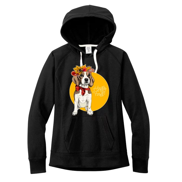 Beagle Dog Wearing Autumn leaves Crown Hello fall Women's Fleece Hoodie