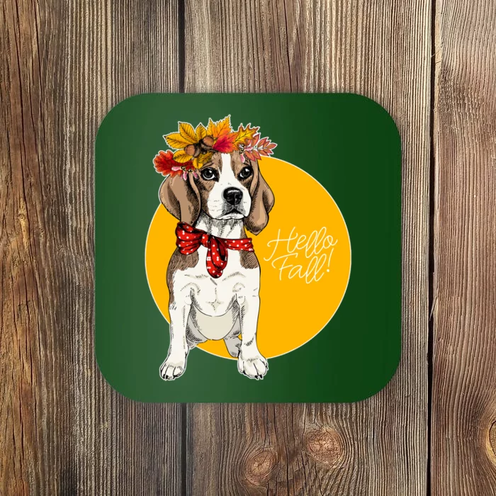 Beagle Dog Wearing Autumn leaves Crown Hello fall Coaster