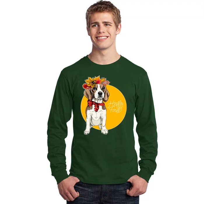 Beagle Dog Wearing Autumn leaves Crown Hello fall Tall Long Sleeve T-Shirt