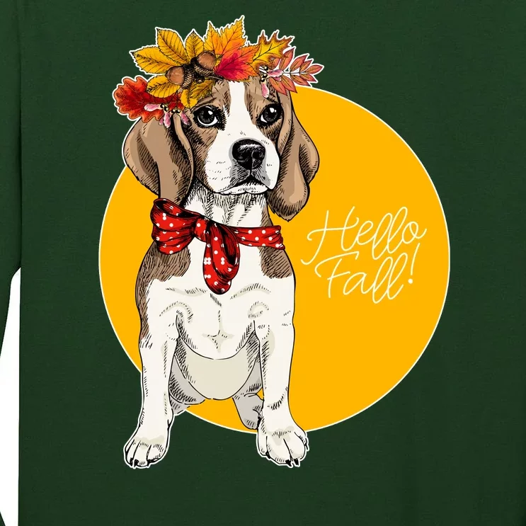 Beagle Dog Wearing Autumn leaves Crown Hello fall Tall Long Sleeve T-Shirt