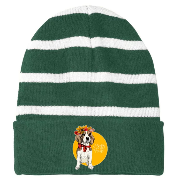 Beagle Dog Wearing Autumn leaves Crown Hello fall Striped Beanie with Solid Band