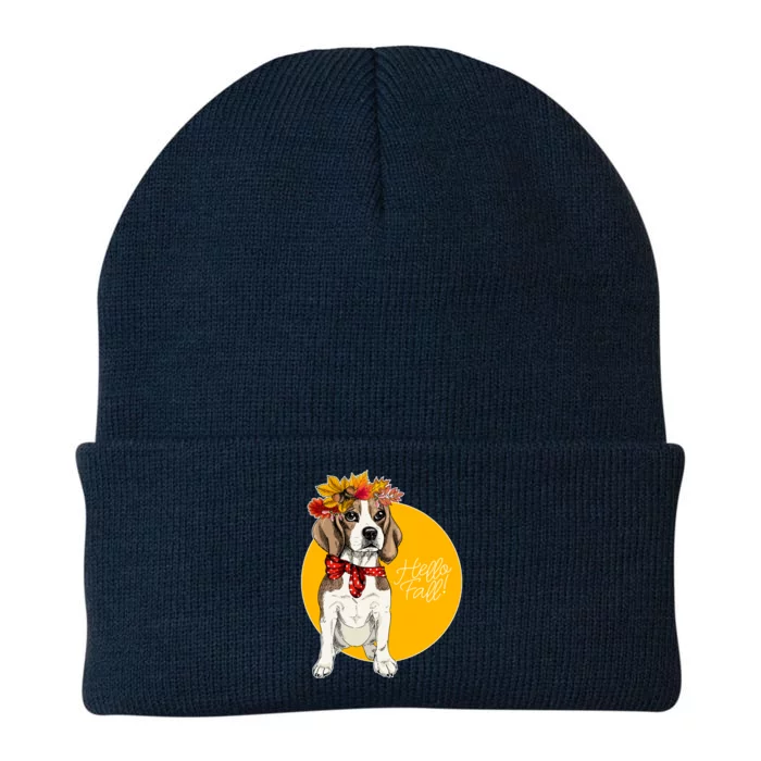 Beagle Dog Wearing Autumn leaves Crown Hello fall Knit Cap Winter Beanie