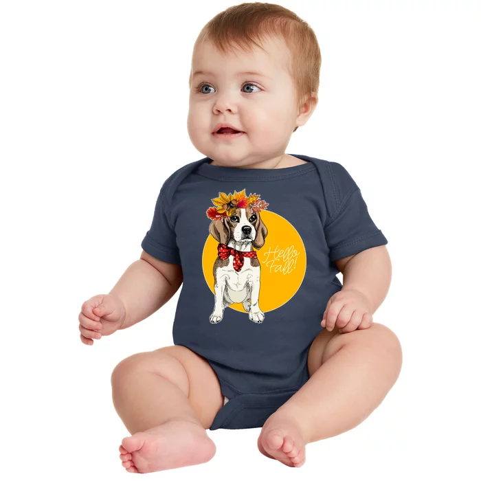 Beagle Dog Wearing Autumn leaves Crown Hello fall Baby Bodysuit