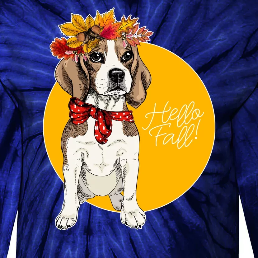 Beagle Dog Wearing Autumn leaves Crown Hello fall Tie-Dye Long Sleeve Shirt