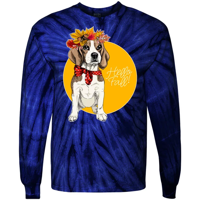 Beagle Dog Wearing Autumn leaves Crown Hello fall Tie-Dye Long Sleeve Shirt