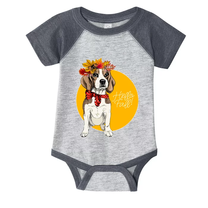 Beagle Dog Wearing Autumn leaves Crown Hello fall Infant Baby Jersey Bodysuit