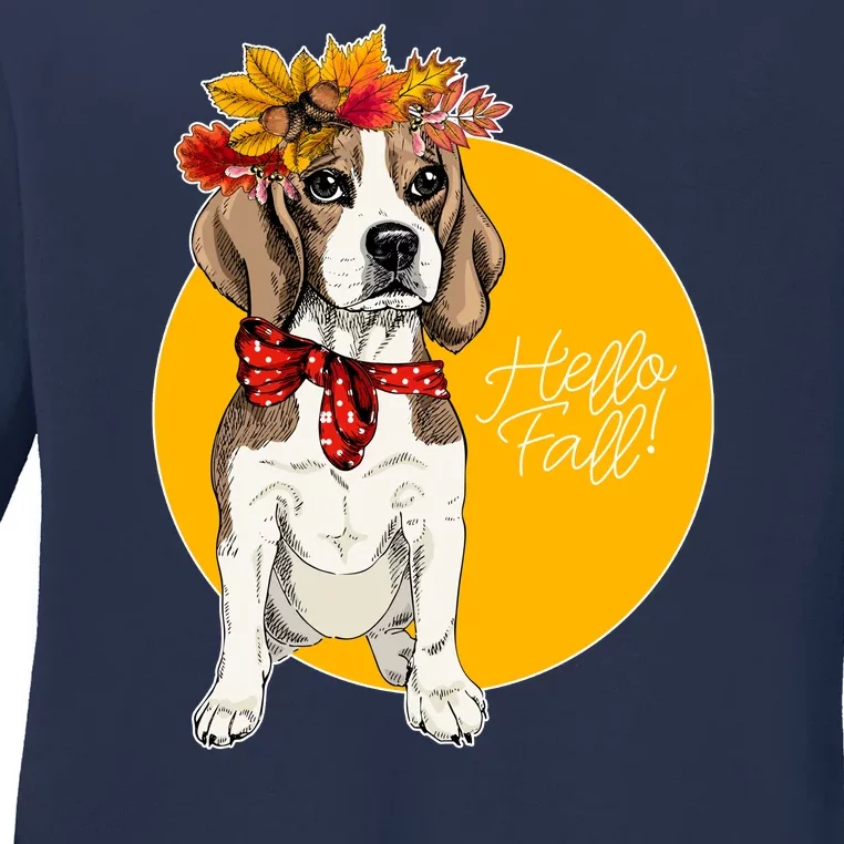 Beagle Dog Wearing Autumn leaves Crown Hello fall Ladies Long Sleeve Shirt