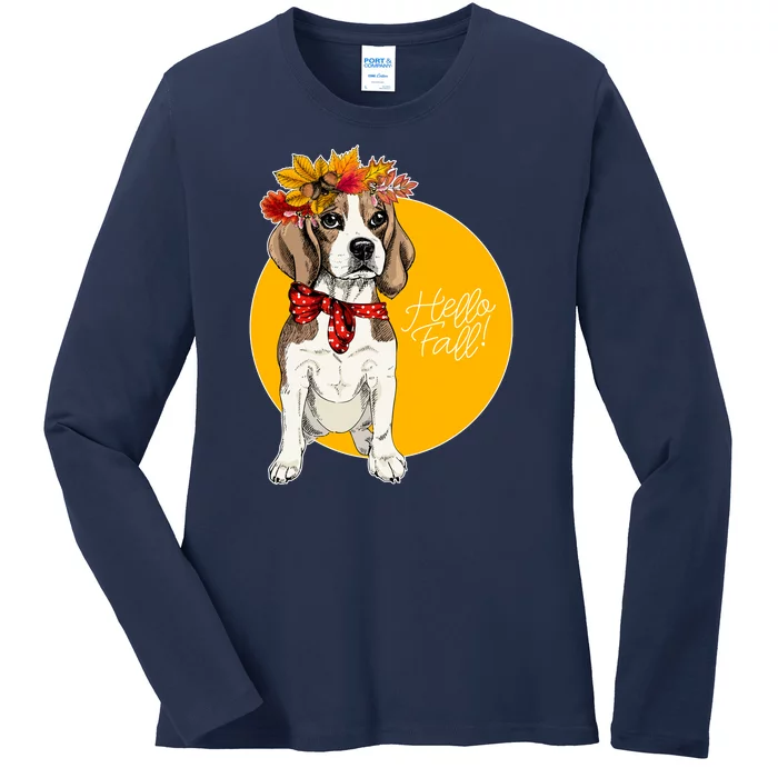 Beagle Dog Wearing Autumn leaves Crown Hello fall Ladies Long Sleeve Shirt