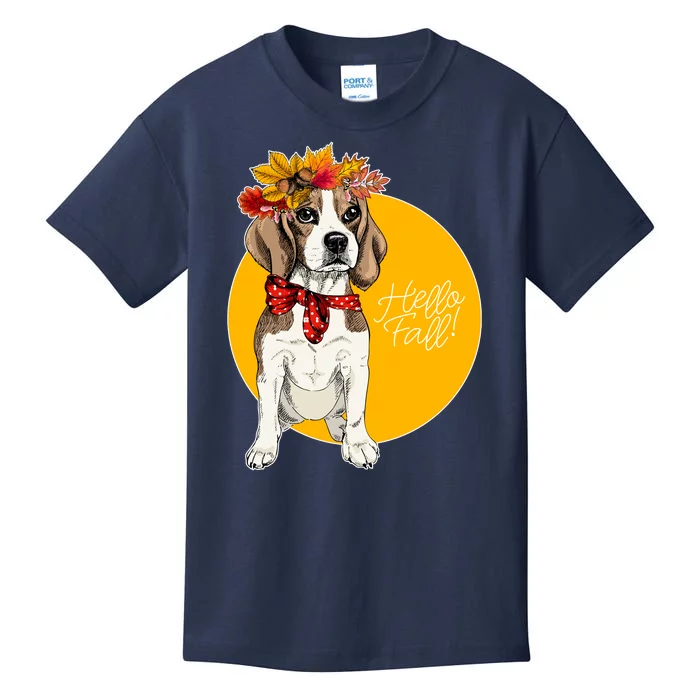 Beagle Dog Wearing Autumn leaves Crown Hello fall Kids T-Shirt