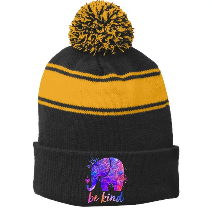 Be Kind Colorful Painted Elephant Stripe Pom Pom Beanie