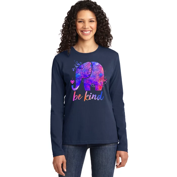 Be Kind Colorful Painted Elephant Ladies Long Sleeve Shirt