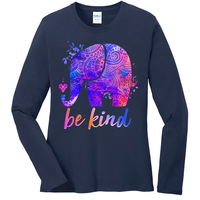 Be Kind Colorful Painted Elephant Ladies Long Sleeve Shirt