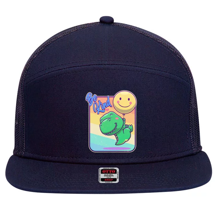 Be Kind Cute Happy TRex Dino Smiley Balloon 7 Panel Mesh Trucker Snapback Hat