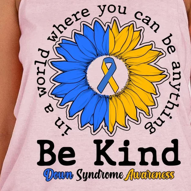 Be Kind Sunflower Ribbon Down Syndrome Awareness Women's Knotted Racerback Tank