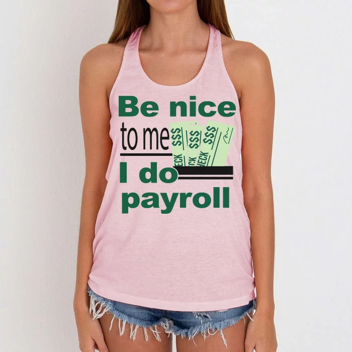 Be Nice To Me I Do Payroll Women's Knotted Racerback Tank