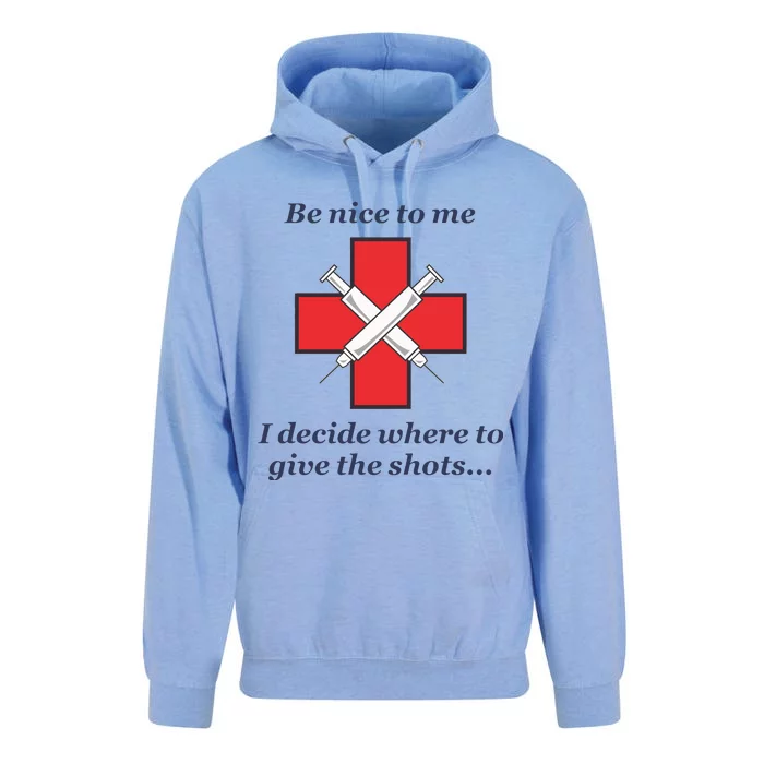 Be Nice To Me Nurse I Decide Where The Shots Go Funny Unisex Surf Hoodie