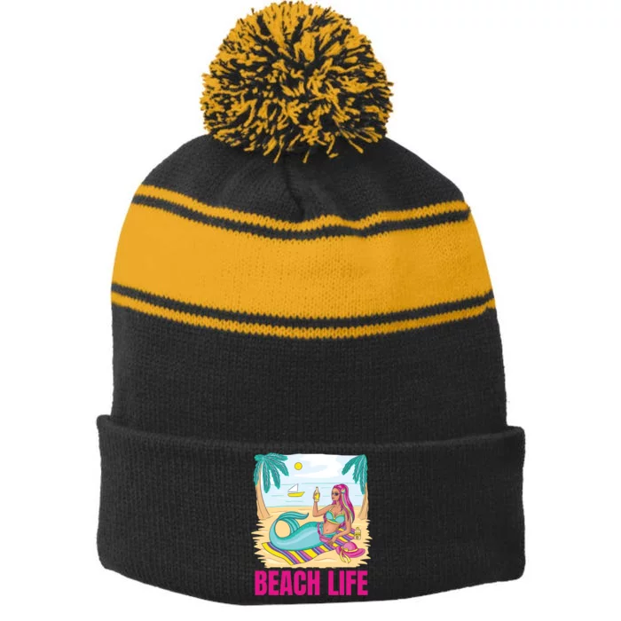 Beach Life Mermaid Stripe Pom Pom Beanie