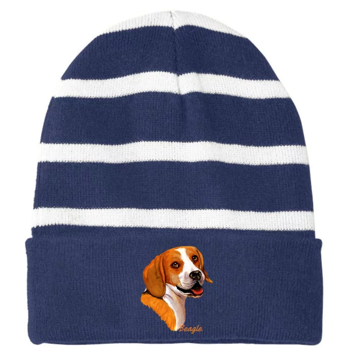 Beagle Dog Signature Portrait Striped Beanie with Solid Band