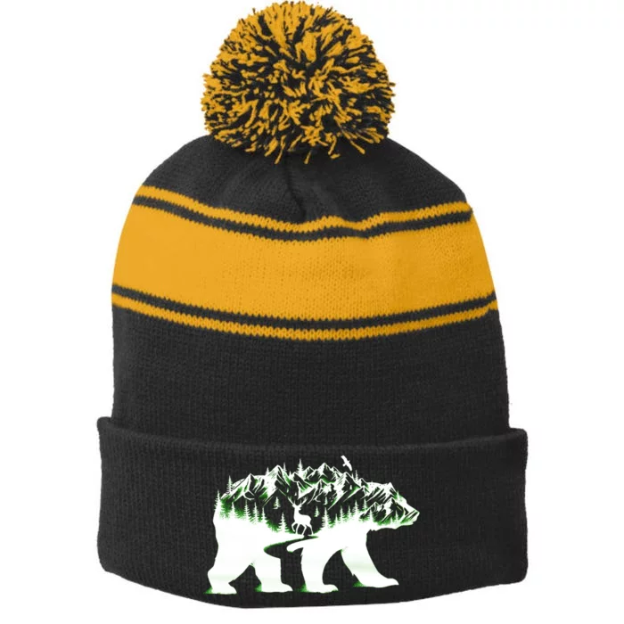 Bear Forest Deer Wilderness Mountains Stripe Pom Pom Beanie