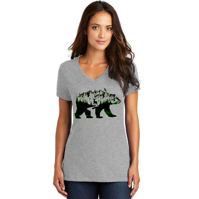 Bear Forest Deer Wilderness Mountains Women's V-Neck T-Shirt