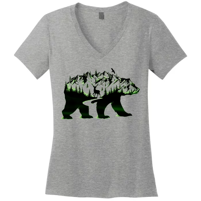 Bear Forest Deer Wilderness Mountains Women's V-Neck T-Shirt