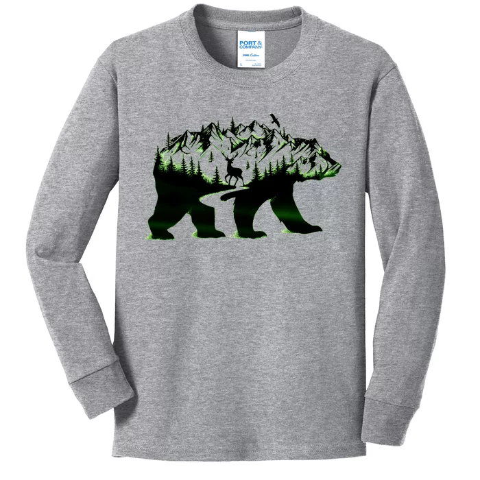 Bear Forest Deer Wilderness Mountains Kids Long Sleeve Shirt