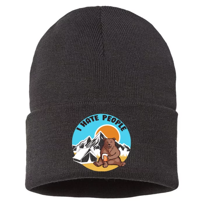 Bear Funny Camping I Hate People Sustainable Knit Beanie