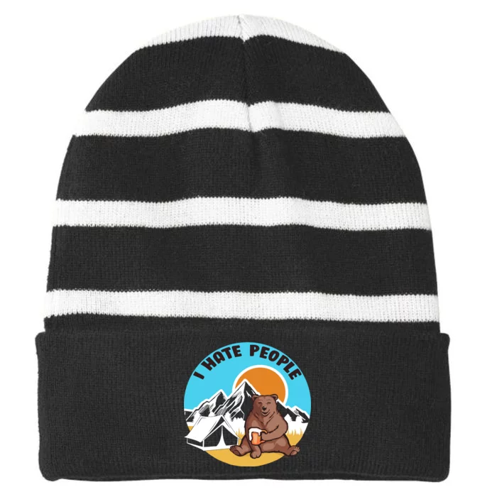 Bear Funny Camping I Hate People Striped Beanie with Solid Band