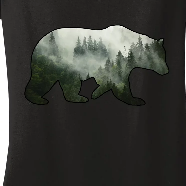 Bear Misty Forest Wilderness Women's V-Neck T-Shirt